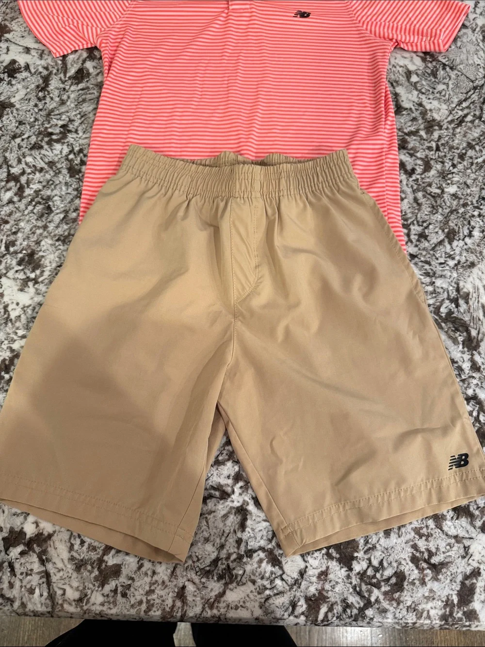 New Balance Coral & White Striped Polo with Khaki Shorts Set performance fabric